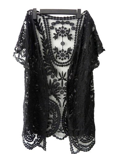 Dawdyfu Crochet Knitted Open Vest Boho Casual Cover-Up Tops Blouse (black)