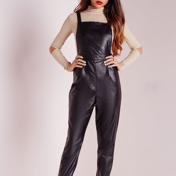 Faux Leather Overalls Black