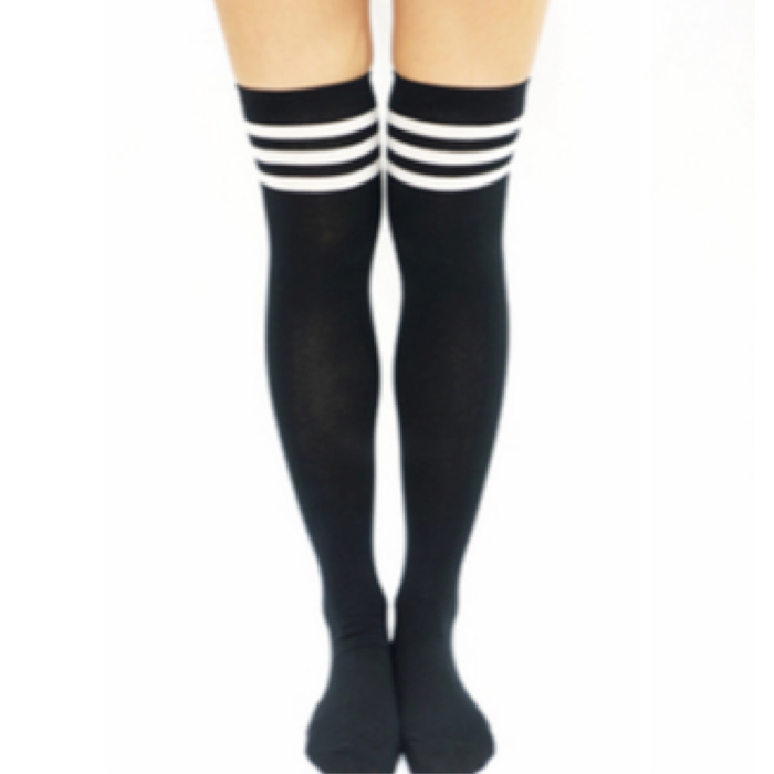 JK White Stripe Cotton Thigh High Socks - Black