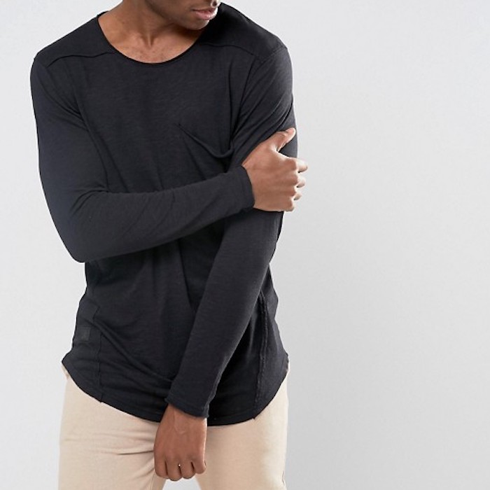 Black Kaviar Longline Long Sleeve T-Shirt With Big Pocket