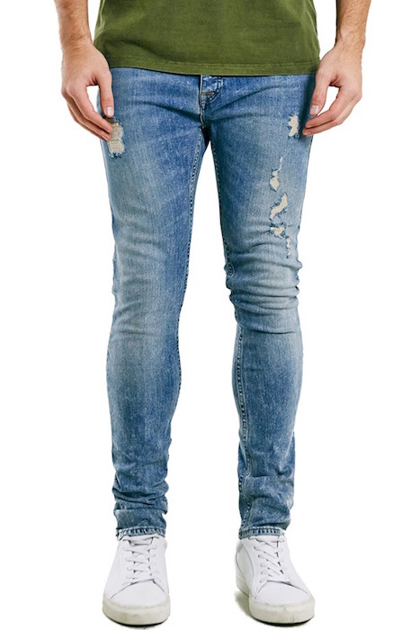Topman Distressed Stretch Skinny Jeans (Dark Blue)