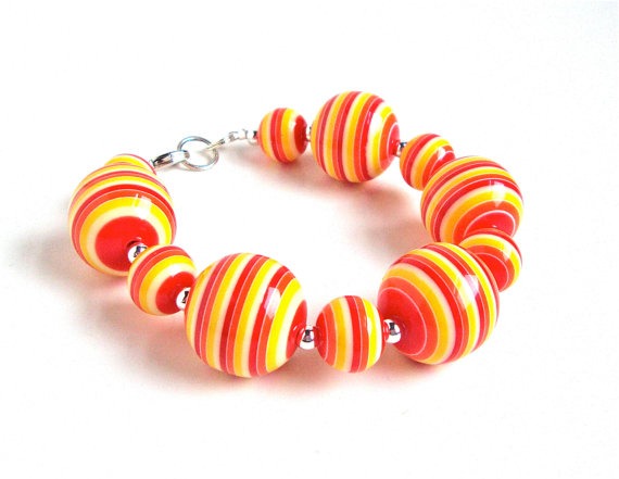 Chunky Orange, Red And Yellow Striped Large Bead Bracelet, Bright Colorful Mod Summer Jewelry