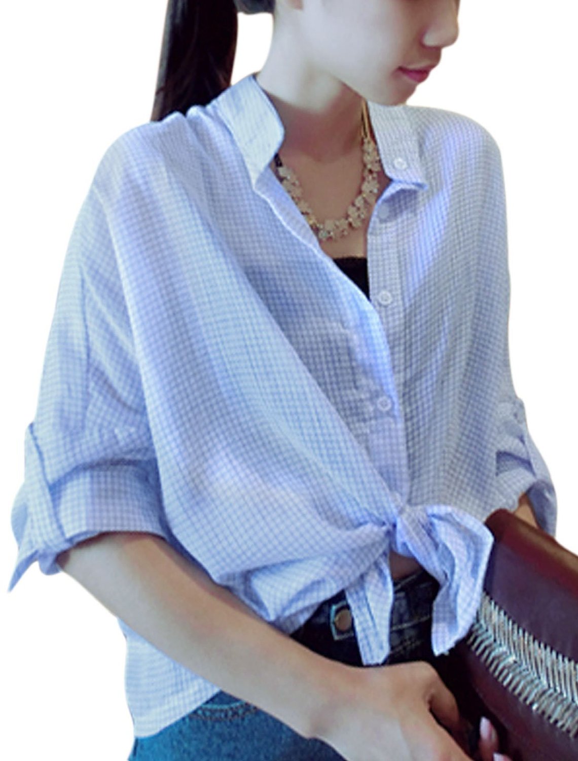 Women Plaids Pattern Stand Collar Single Breasted Tie Hem Casual Shirt