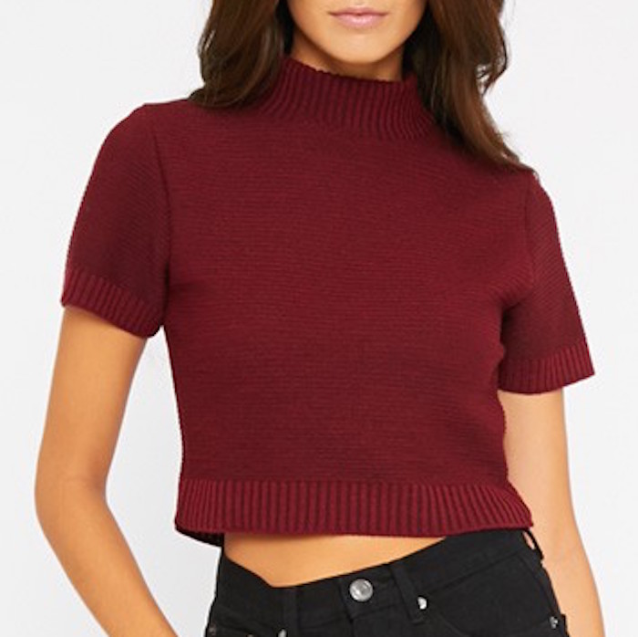 AMY BURGUNDY RIBBED KNIT TURTLE NECK CROP TOP