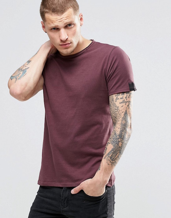 Replay T-Shirt with RAW EDGE IN BURGUNDY | Blingby