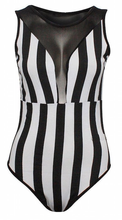  Womens Sleeveless Stripe Print Mesh Insert Bodysuit
