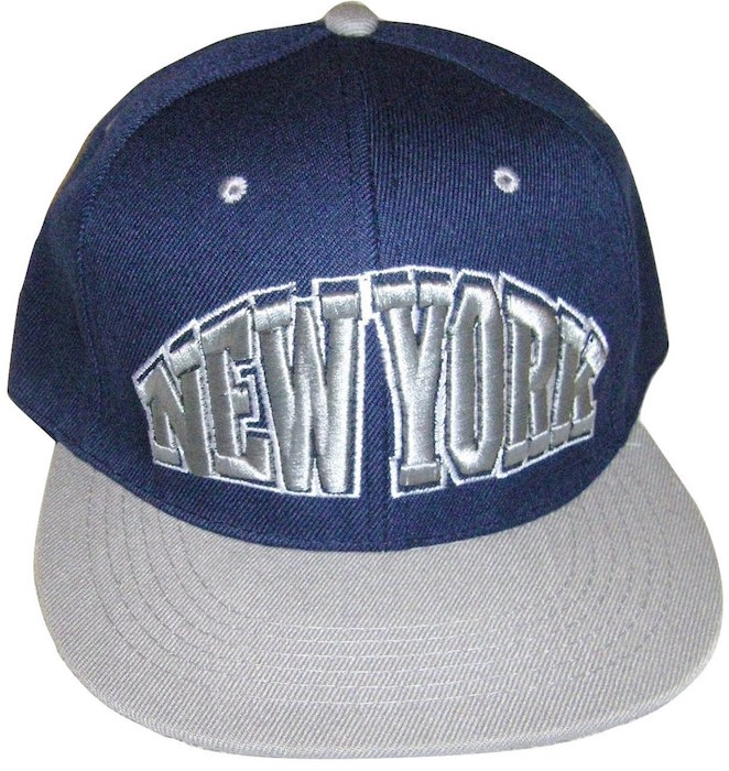 New York Flat Bill Adjustable OSFA Snapback Baseball Hat Cap with Snap Back Enclosure Blue with Gray Bill and Gray Lettering