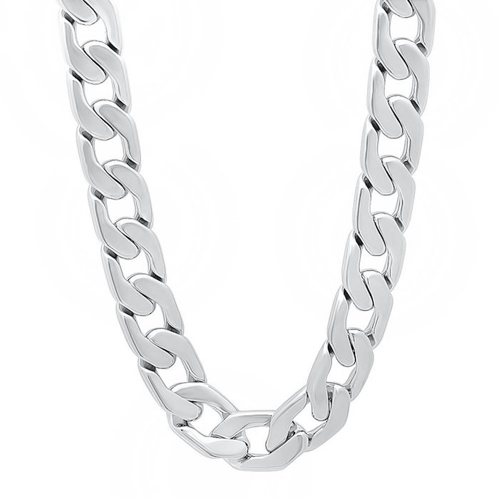 11.5mm Rhodium Plated Beveled Cuban Link Curb Chain Necklace
