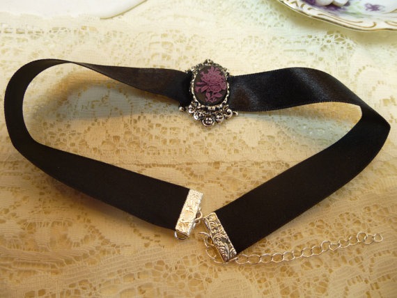 Purple on Black Floral Black Ribbon Cameo Choker with Antique Silver