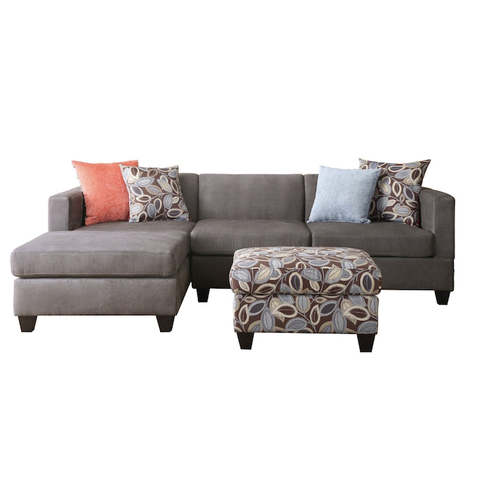 Bobkona Poundex Simplistic Collection 3-Piece Sectional Sofa with Ottoman, Charcoal