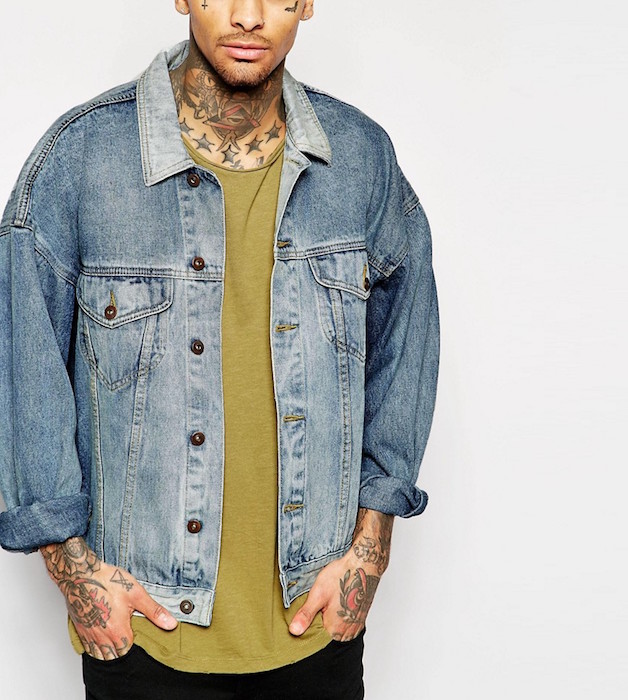 ASOS Denim Jacket in Slim Fit In Stone Wash With Cord Collar