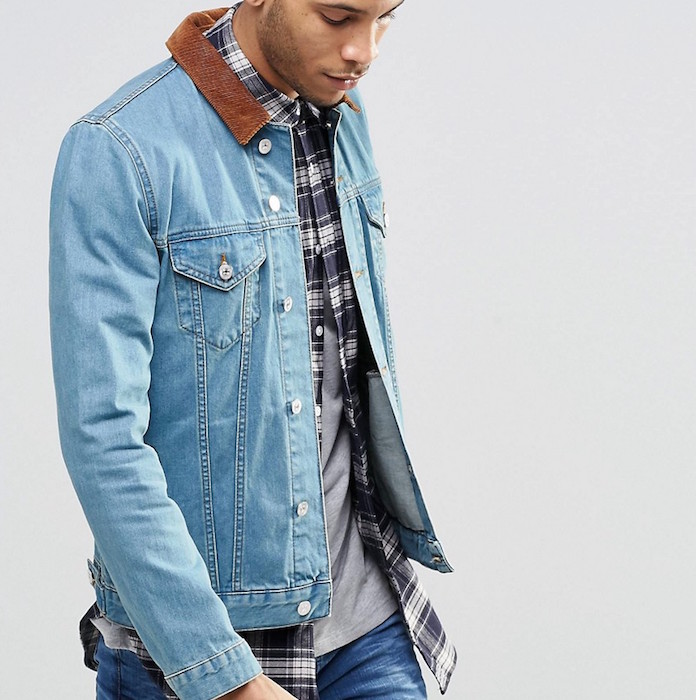 ASOS Denim Jacket in Slim Fit In Stone Wash With Cord Collar