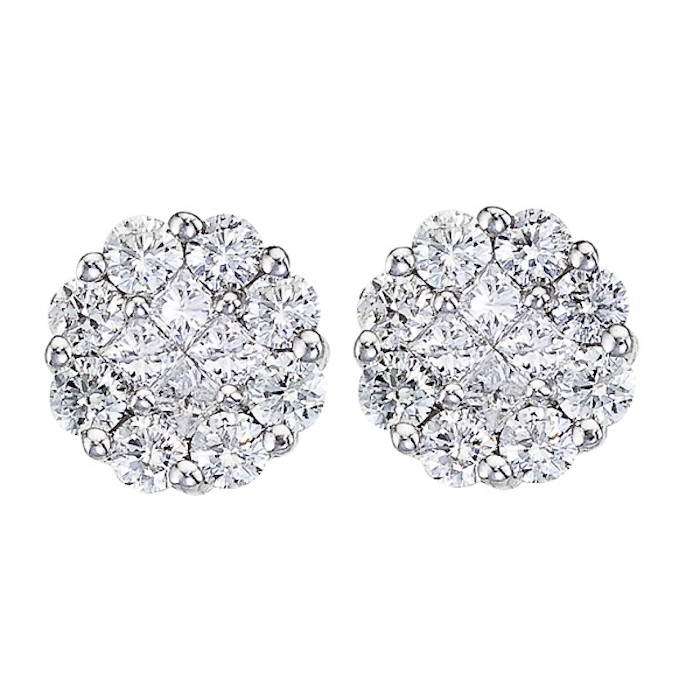 Diamond Clusters Flower Stud Earrings in 14k White Gold | Blingby