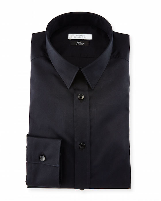 Button-Front Textured Dress Shirt, Black