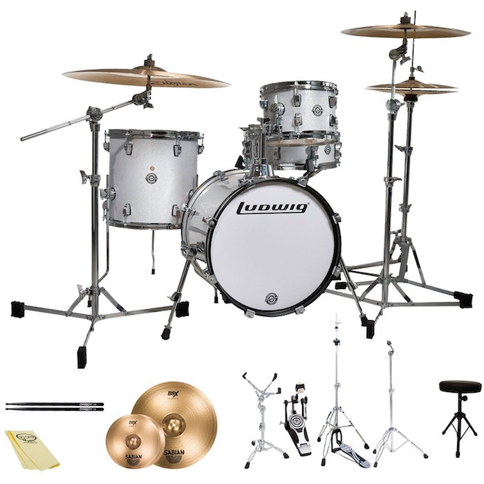 Ludwig Breakbeats by Questlove JF-LC179X028-KIT-1 4-Piece Complete Starter Drum Set with Hardware, Sabian Cymbals, and ChromaCast Accessories, White Sparkle