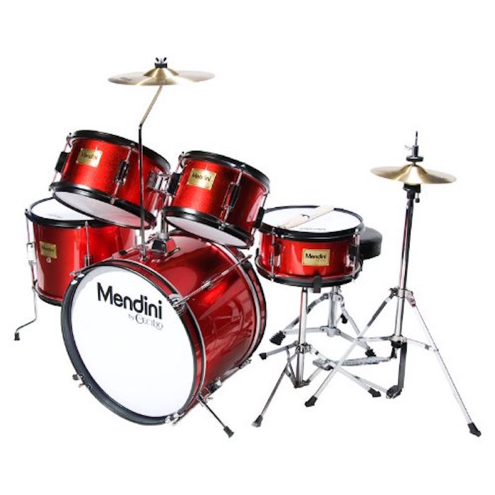 Mendini MJDS-5-BR Complete 16-Inch 5-Piece Bright Red Junior Drum Set with Cymbals, Drumsticks and Adjustable Throne