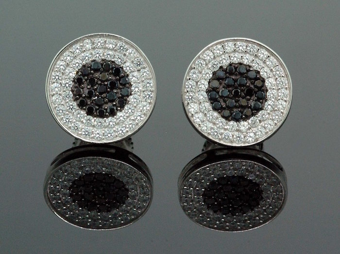 .925 Sterling Silver White Circle White & Black Onyx Crystal Micro Pave Unisex Mens Stud Earrings