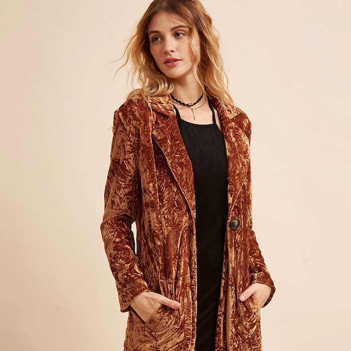 Brown One Button Front Longline Crushed Velvet Coat