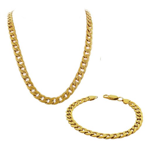 Stainless Steel Yellow Gold-Tone Mens Classic Cuban Link Chain Necklace Bracelet Set