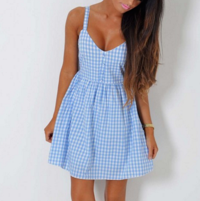 blue and white checkered dress