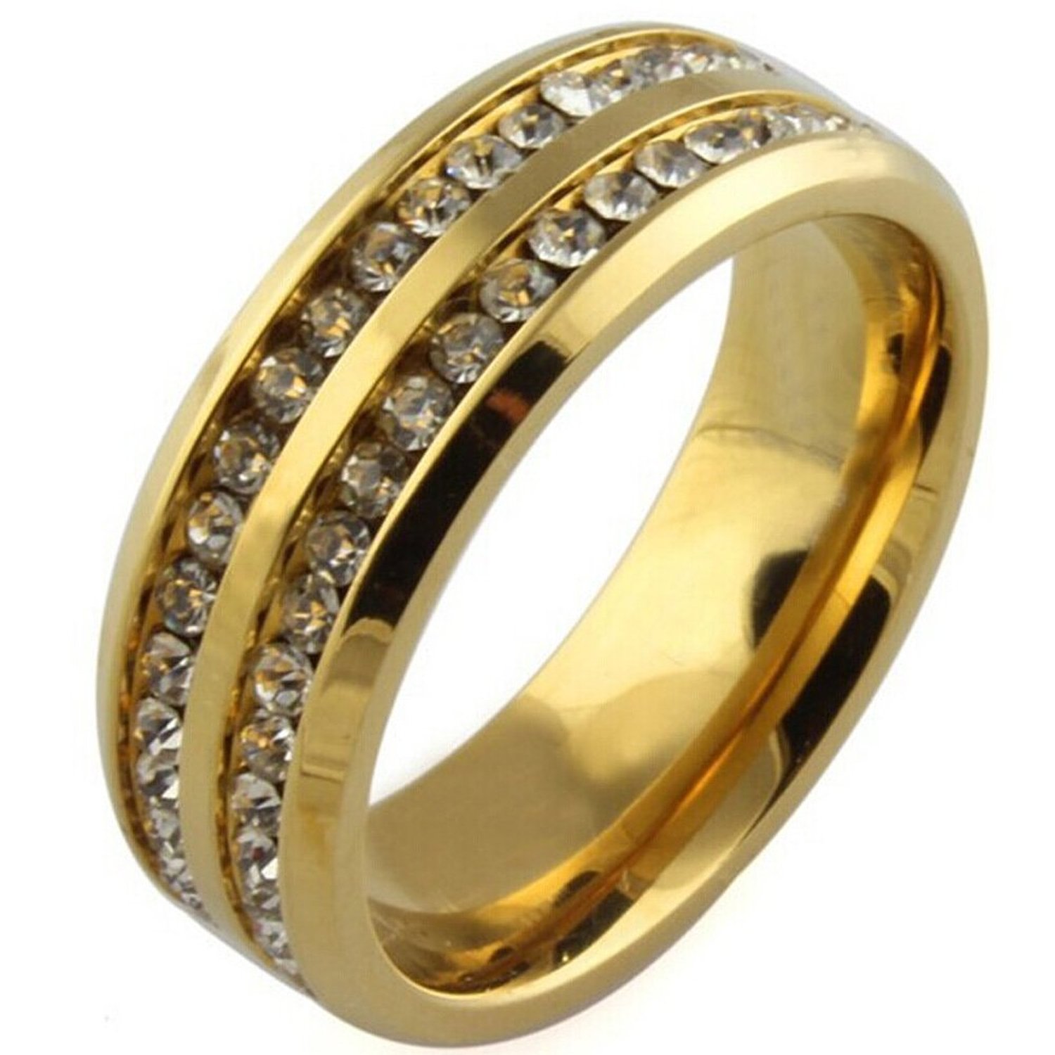 Mens Womens Clear CZ Rings Titanium Steel Wedding Cubic Zircon Gold Tone Ring Fashion Engagement