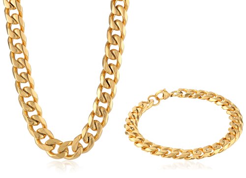 Men's Gold-Tone Stainless Steel Curb-Chain Bracelet and Necklace Jewelry Set