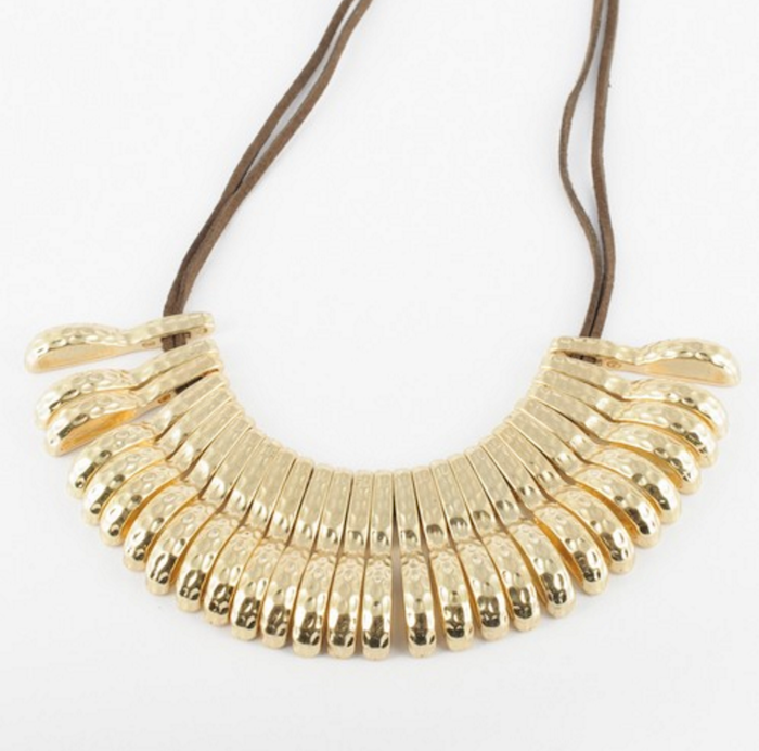 FASHION COFFEE LEATHER STRING CHAIN GOLD PLATED STRIPE PENDANT BIB NECKLACE