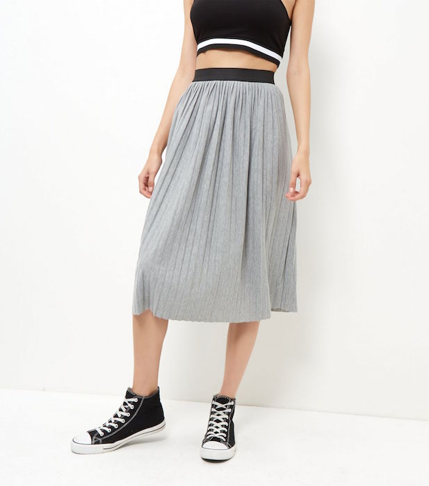 Grey Pleated Midi Skirt