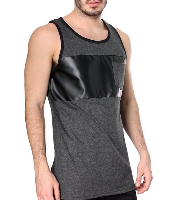 Men's Casual Knit Tank Top Muscle Shirt w/ faux leather & front chest pocket