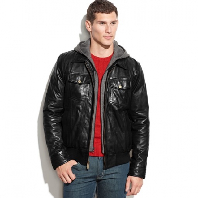 Guess Men's Leather Jacket with Knit Hood
