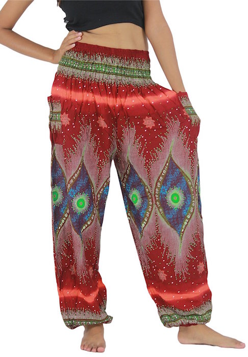 NaLuck Women's Boho Hippie Peacock Rayon Smocked Waist Yoga Harem Casual Pants