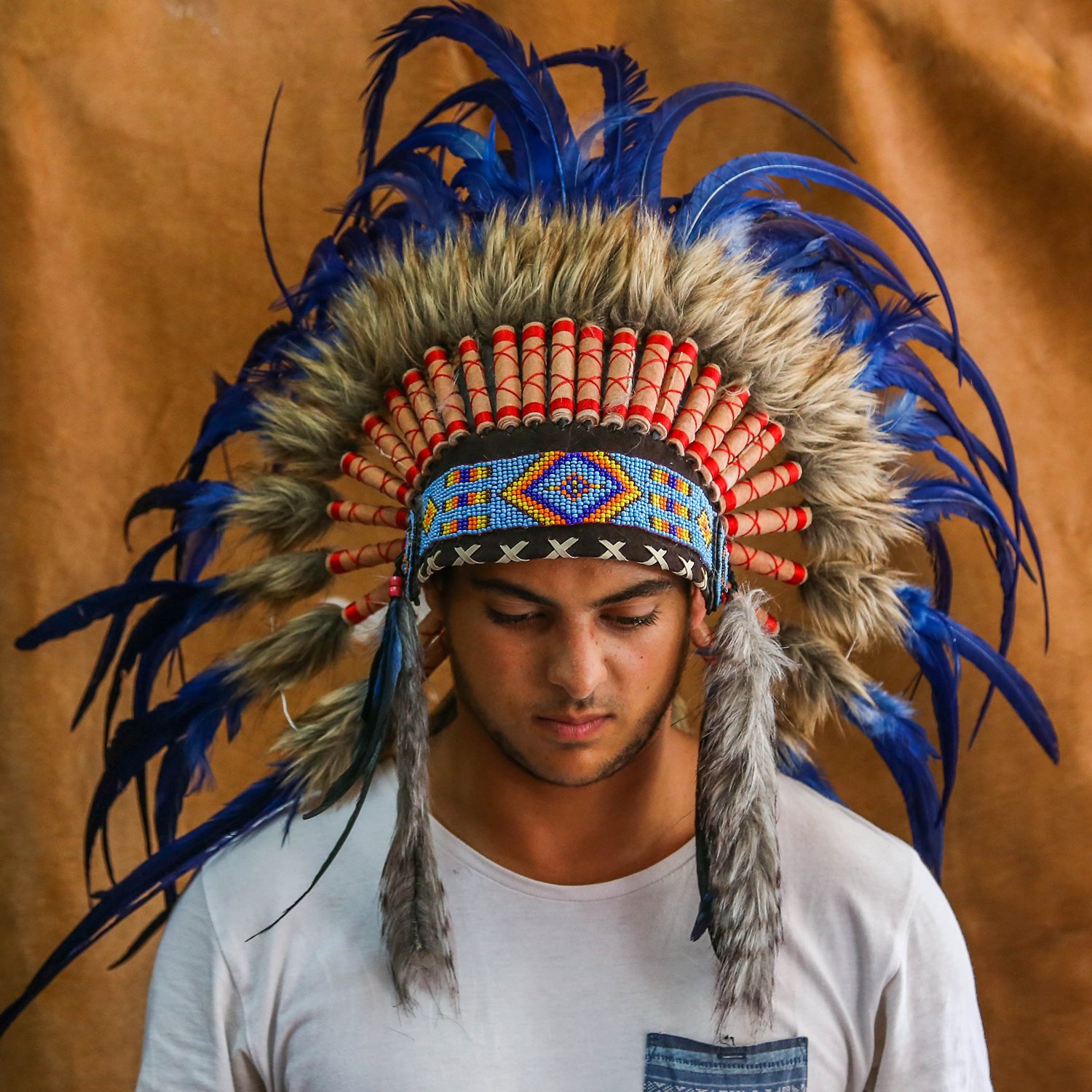Indian Headdress With Real 75cm Feathers Dark Blue Blingby 
