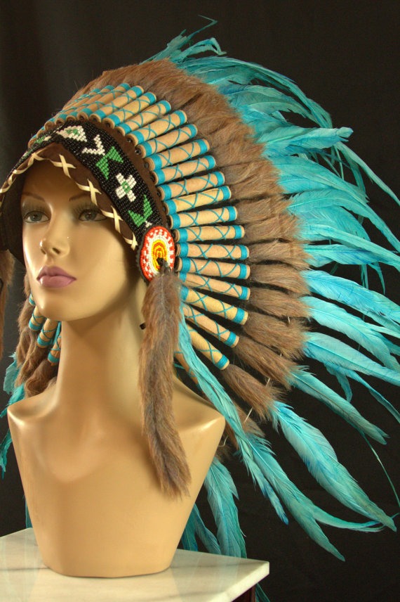Authentic Indian Headdress Small Teal Native American Chief Hat Hand Made Indian Warbonnet