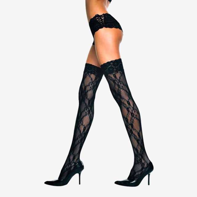 Black Floral Lace Thigh High With Lace Top