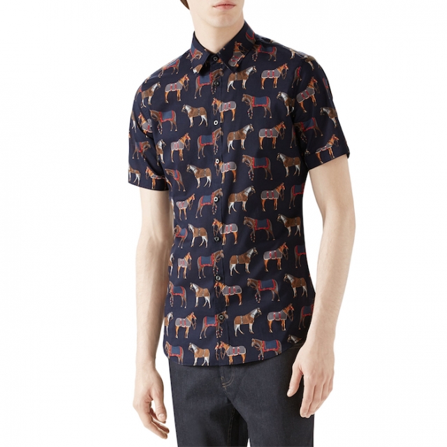 Gucci Navy Multi Horse Print Short-Sleeve Shirt