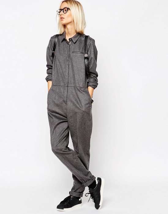 ASOS WHITE Button Through Jumpsuit in Wool Mix