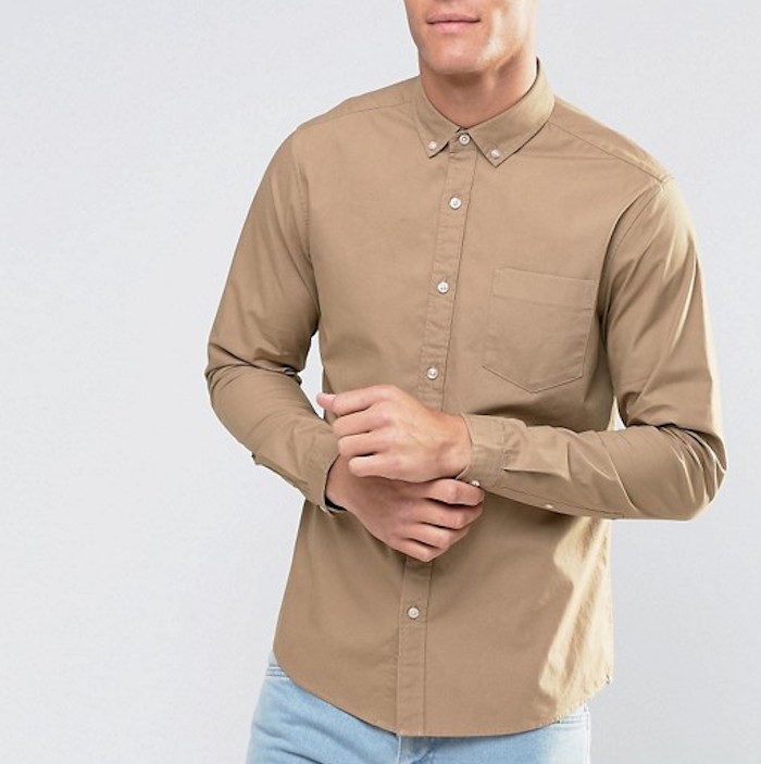 ASOS Textured Twill Shirt In Camel With Long Sleeves