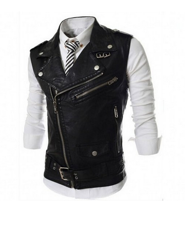 Merryfun Men's Casual Slim Fit Oblique Zipper Motorcycle Leather Outerwear Vest