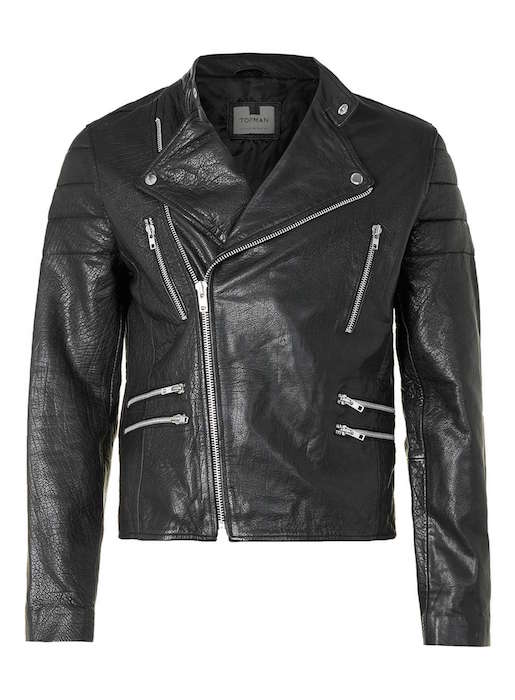 Black Collarless Leather Biker Jacket