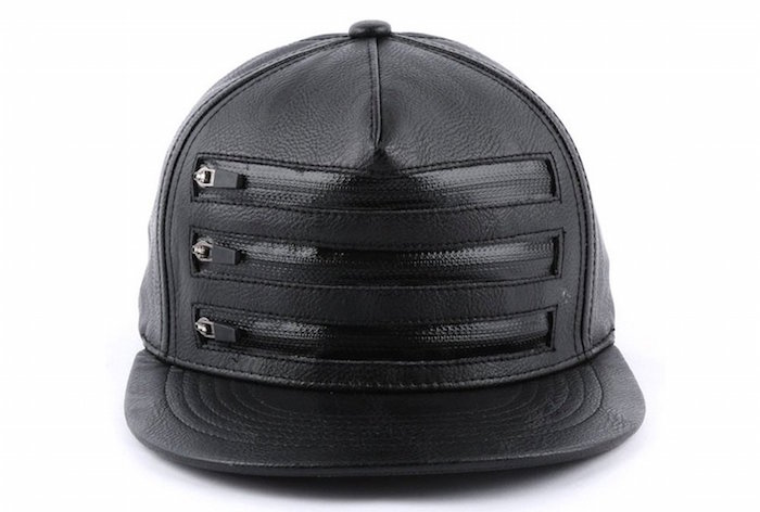 Muan 3 Zipper Leather Snapback Cap Black 