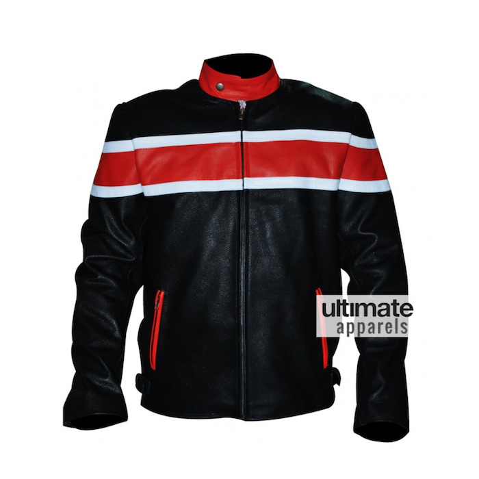 Men's Black Heavy Biker Leather Jacket With Red Stripes