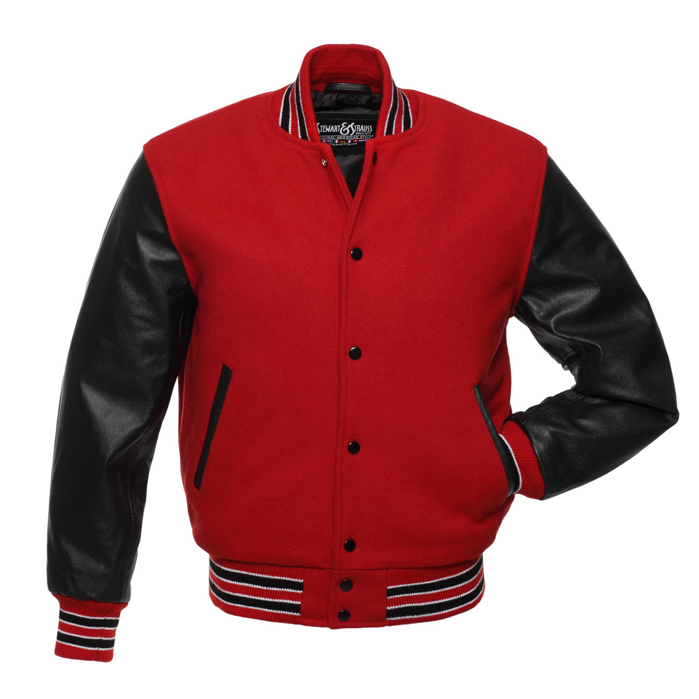 Red Wool and Black Leather Letterman Jacket