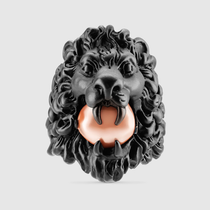 Lion head ring with glass pearl