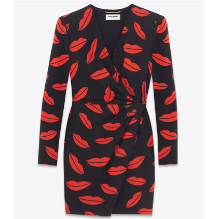Saint Laurent Cross-Over Dress In Black And Red Lips Printed Silk Georgette