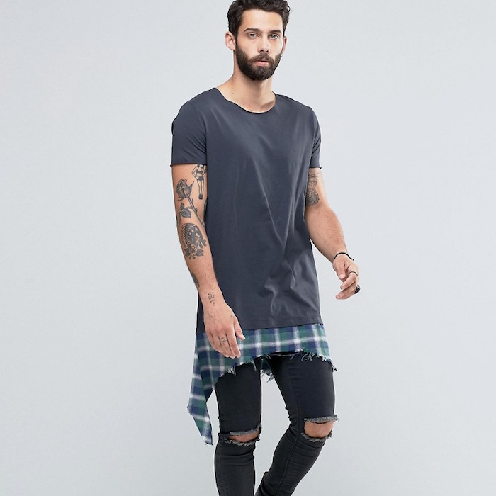 ASOS Extreme Longline T-Shirt With Shredded Check Hem Extender In Washed Black