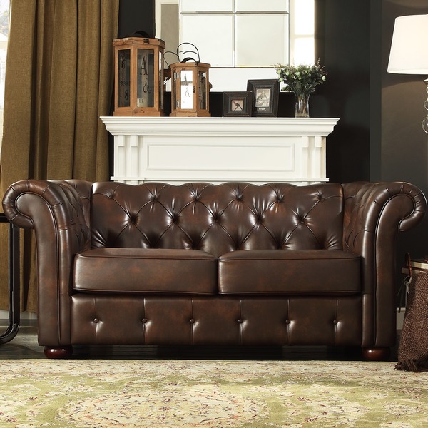 TRIBECCA HOME Knightsbridge Brown Bonded Leather Tufted Scroll Arm Chesterfield Loveseat
