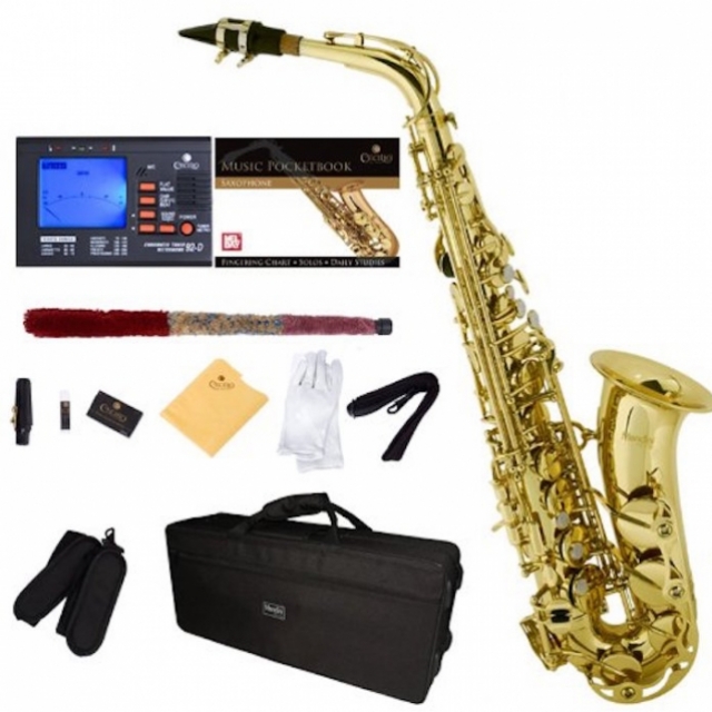 Mendini E-Flat Alto Saxophone, Gold Lacquered And Tuner, Case, Pocketbook - Mas-L+92D+Pb