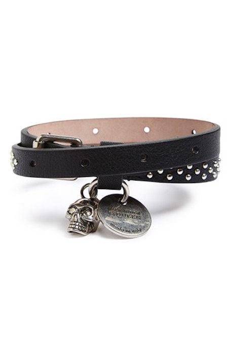 Alexander McQueen Skull Charm Double Wrap Leather Bracelet