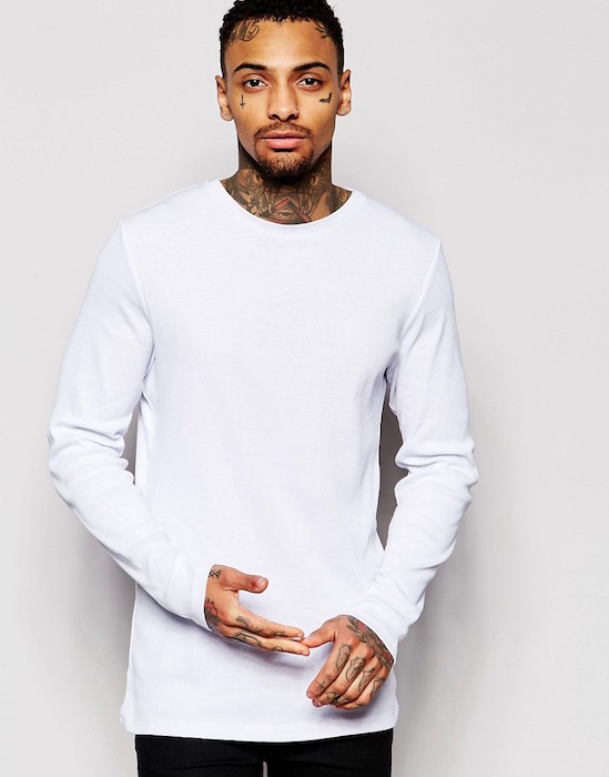 ASOS Fine Rib Super Longline Muscle Long Sleeve T-Shirt With Super Long Sleeves In White