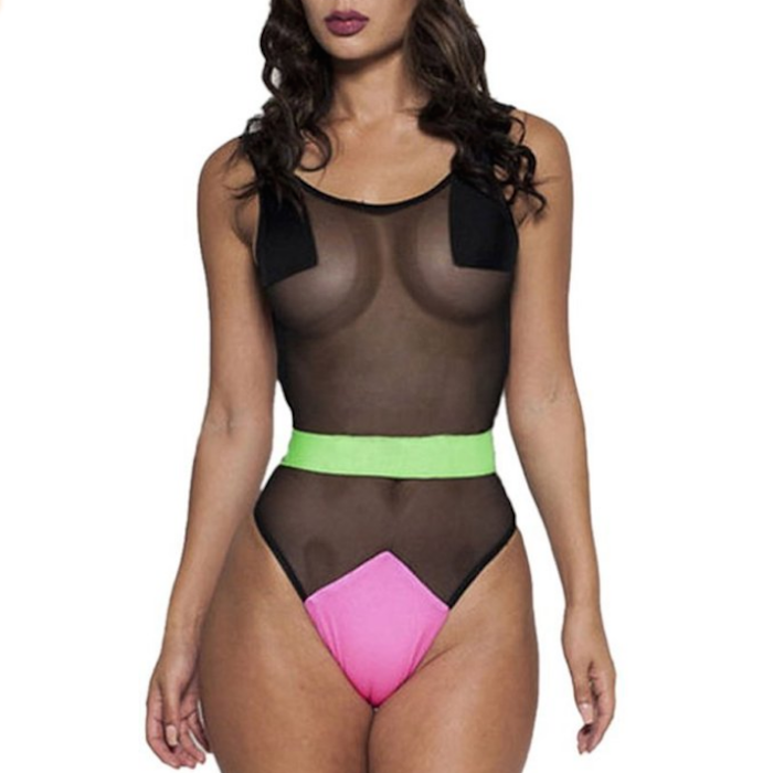 PEGGYNCO Womens Neon Mesh One-piece High Cut Swimwear